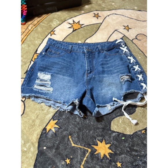 Shein Distressed Denim Shorts 0XL Lace Up Blue Ripped Raw Hem Festival - Picture 1 of 3